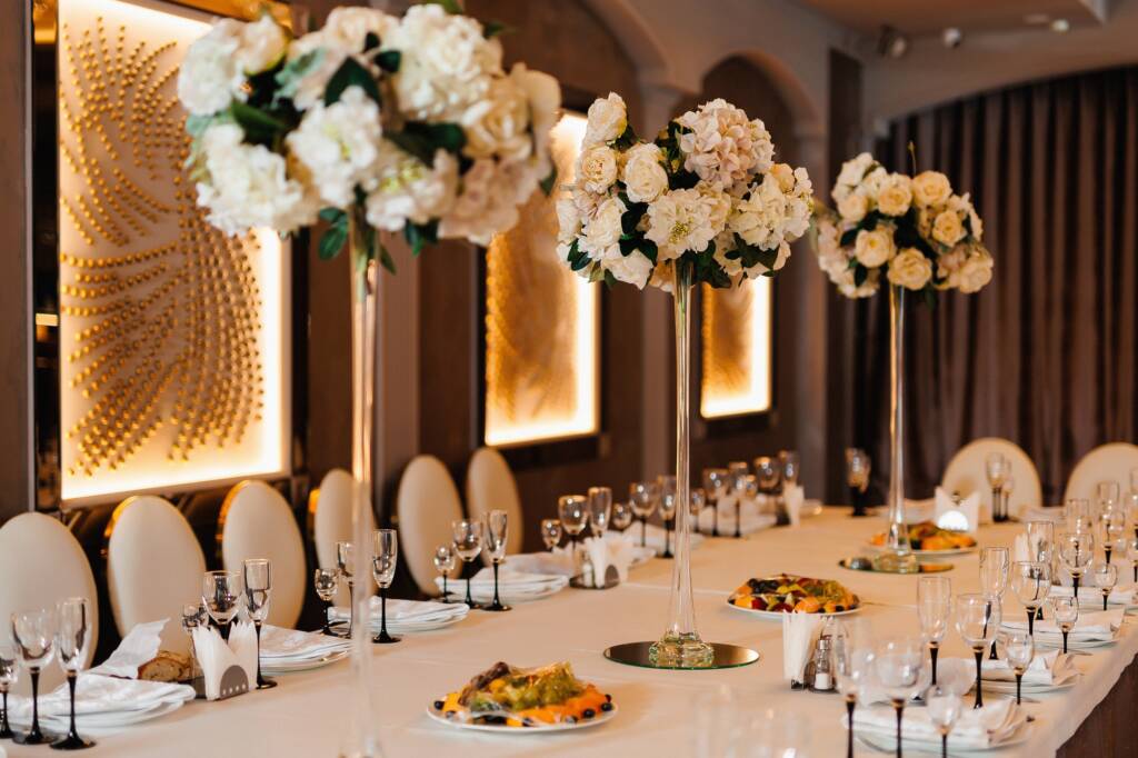 Banquet decoration in hall restaurant in golden color